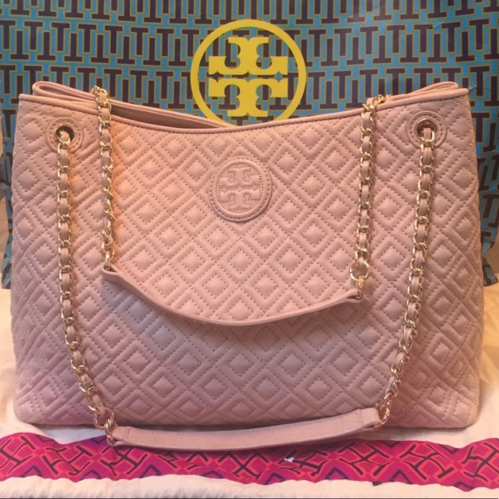 Tory Burch Pink Quilted Leather Marion Chain Tote
